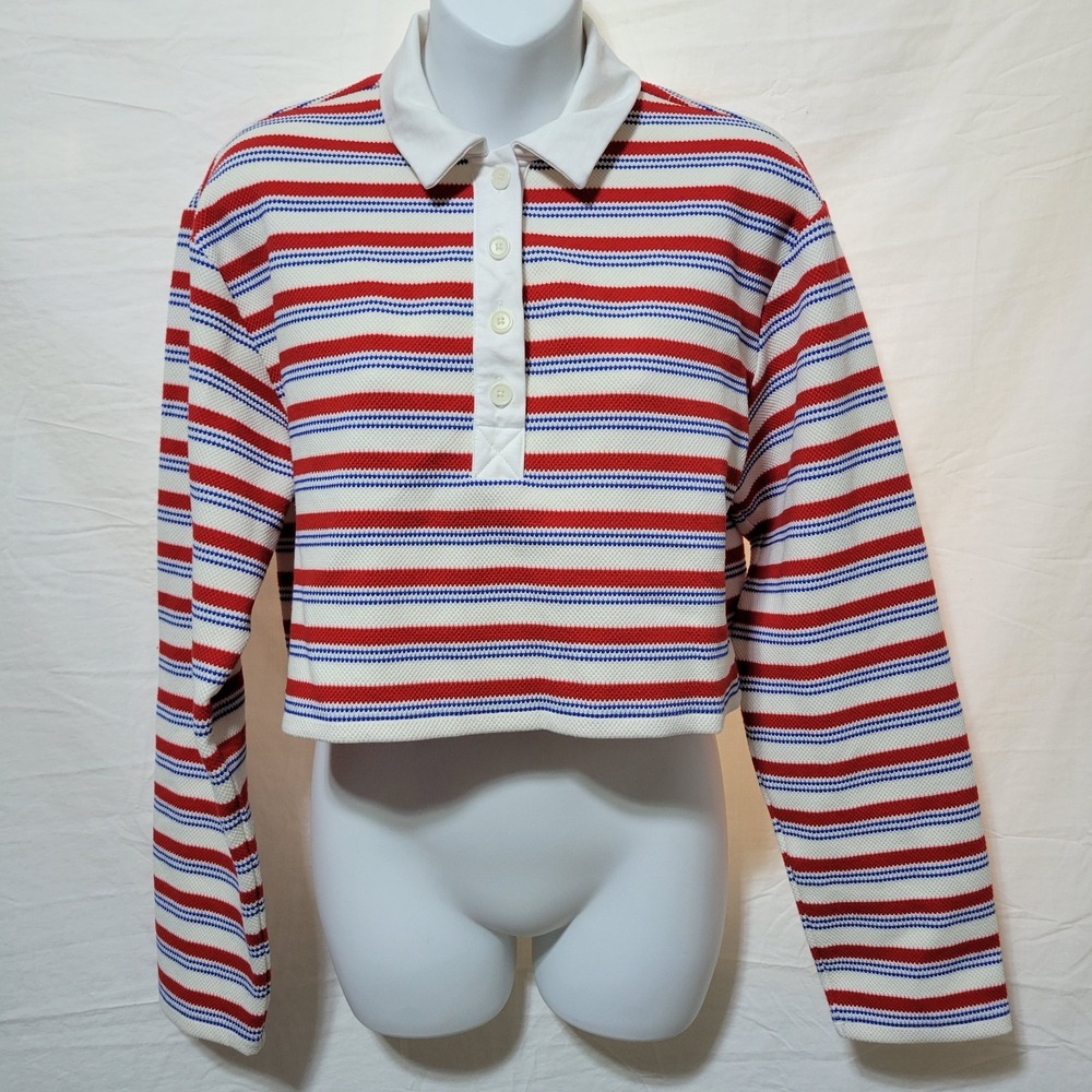 Reformation Size XS Anna Cropped Boxy Rugby Shirt In Red And Blue Stripe